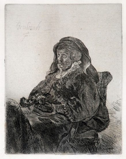 Rembrandt Etching, Rembrandt's Mother in Widow's Dress and Black Gloves, 1632