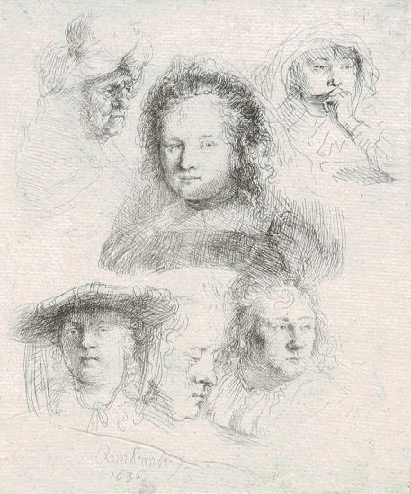 Rembrandt Etching, Studies of the Heads of Saskia and Other Women, 1636