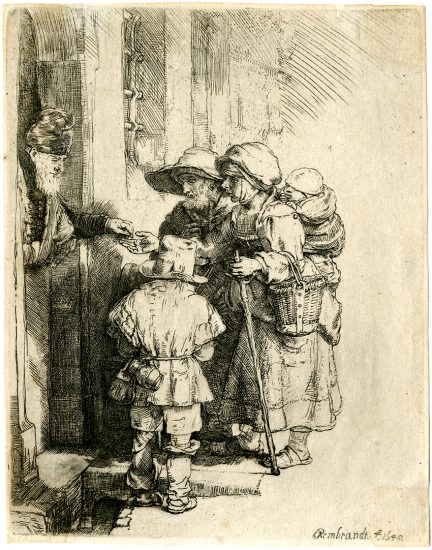 Rembrandt Etching, Beggars Receiving Alms at the Door of a House, 1648