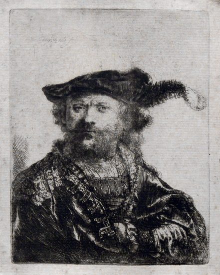 Rembrandt Etching, Rembrandt in Velvet Cap with Plume, 1638