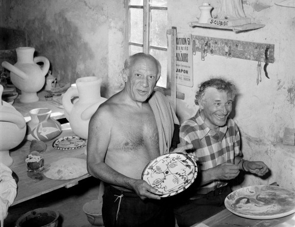 Pablo Picasso and Marc Chagall making ceramics together