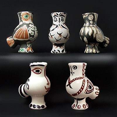 picasso ceramic owls with different markings and colors